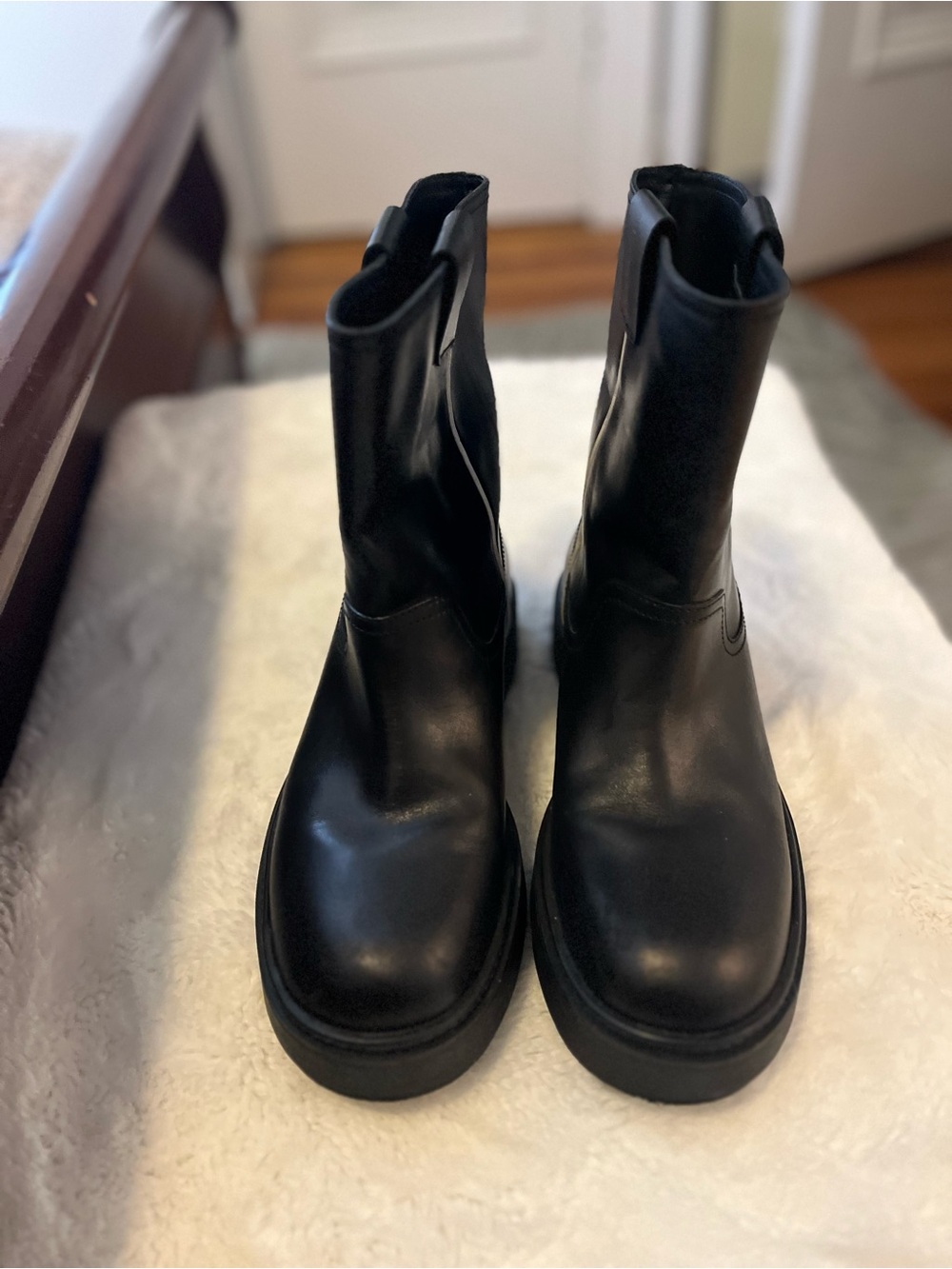 Miu Miu Black Leather Ankle Boots with Pull Tab